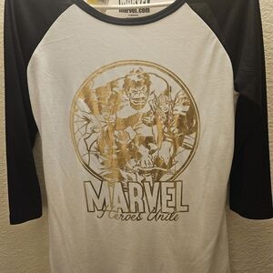 Marvel Long Sleeve Raglan Tee in White and Black with Gold Graphic